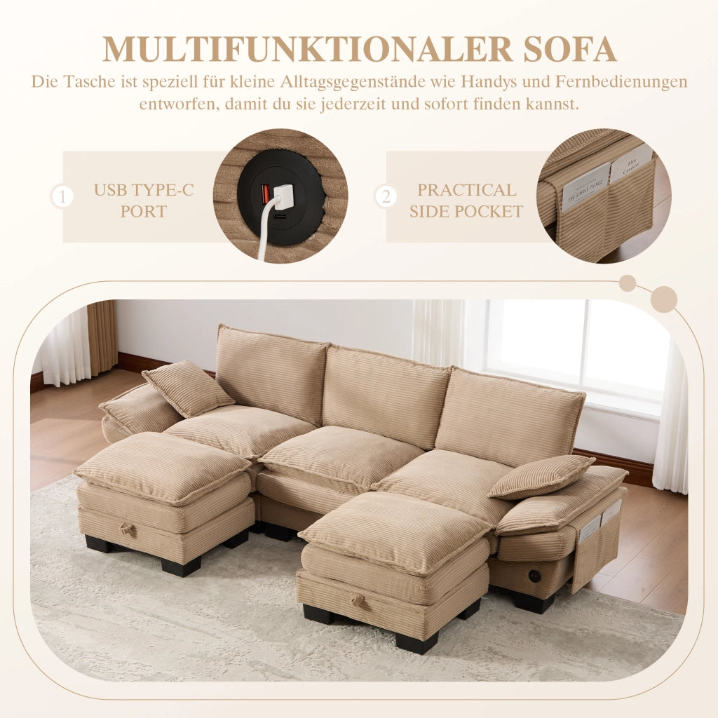 DIVANO 3 posti modulare 260x132x84 cm in corduroy khaki con 2 pouf
