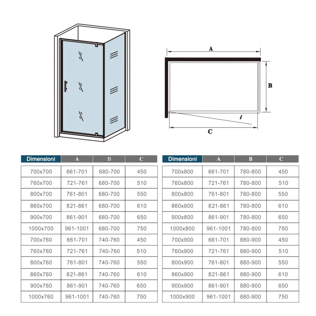 185cm Box Doccia Angolare Porta Girevole Battente con Parete Fissa 80x76cm in Vetro Temperato Trasparente 5 mm Profilo Cromo Lucido