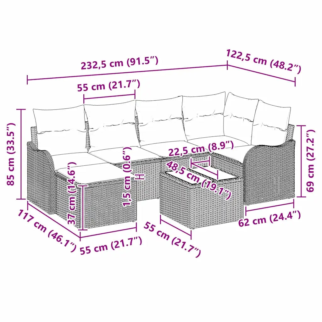 Set Divano da Giardino con cuscino 7 pcs Nero Poly Rattan 3345777