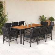 Set da Pranzo da Giardino 9 pz con Cuscini Nero in Polyrattan