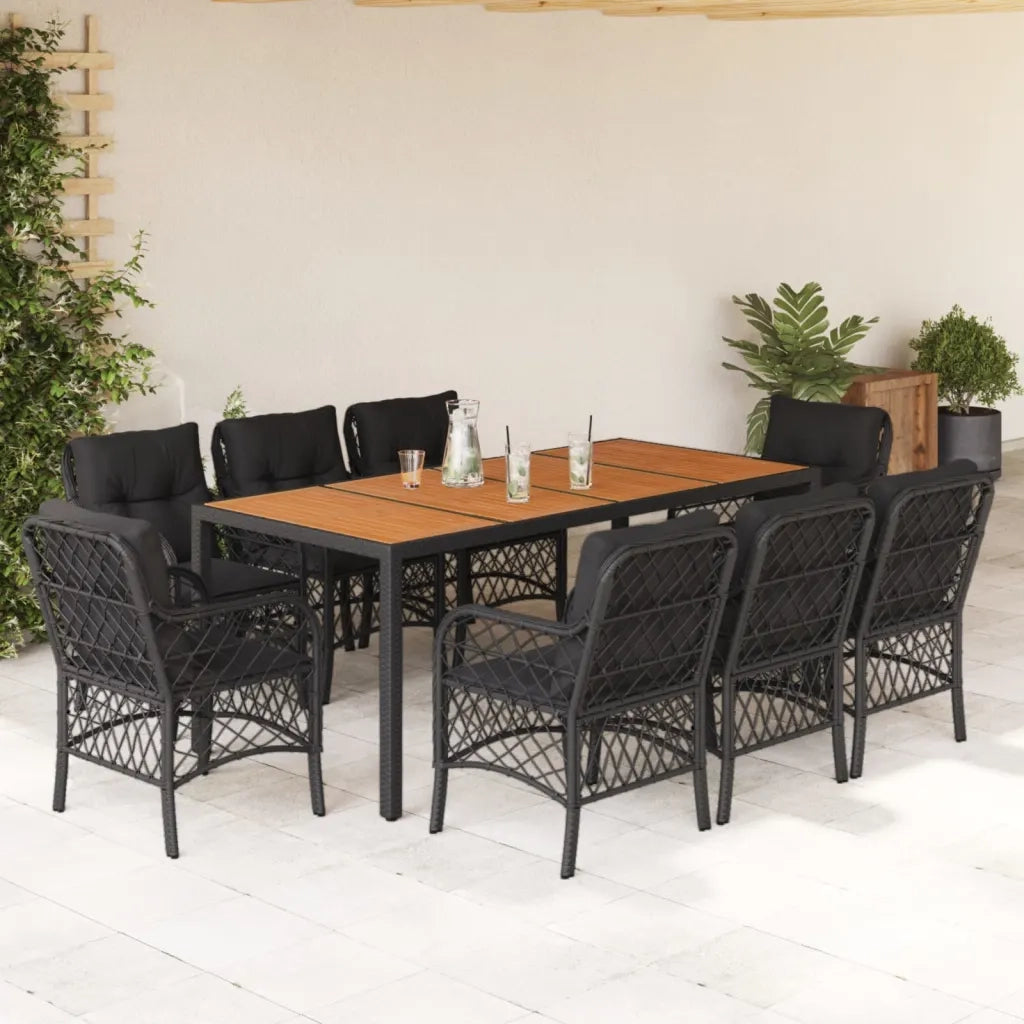 Set da Pranzo da Giardino 9 pz con Cuscini Nero in Polyrattan