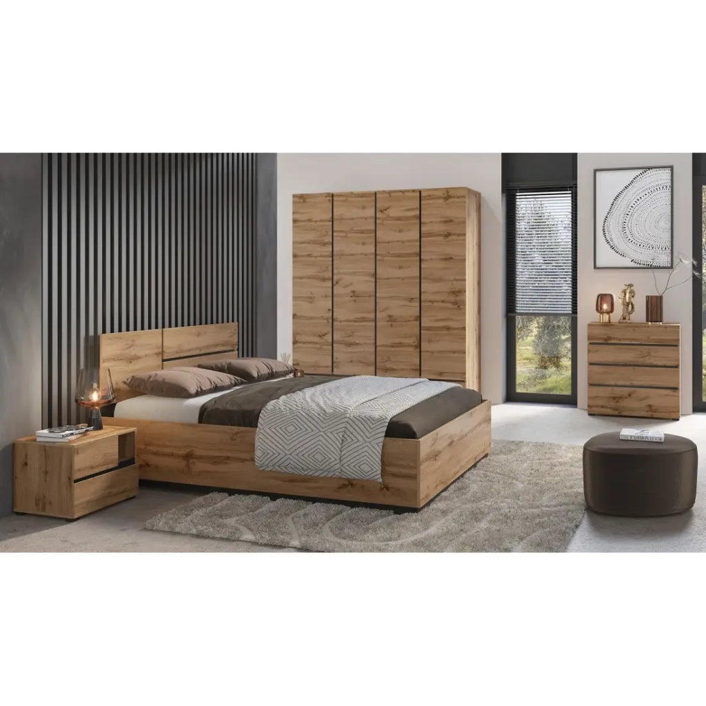 Camera completa HAVANA in rovere e nero – Letto contenitore 160x200, armadio 4 porte, comodini e cassettiera