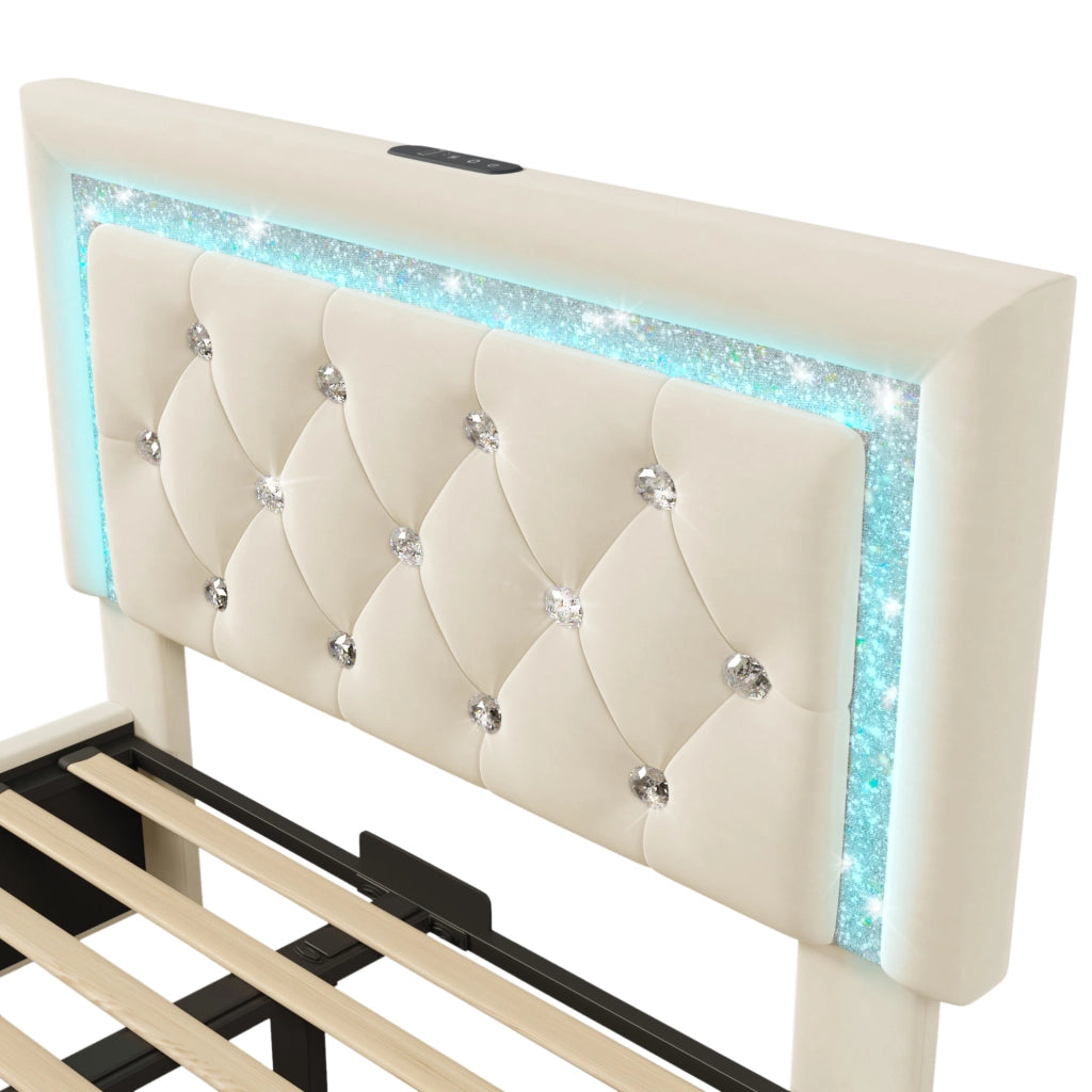 Letto singolo 90x200 cm con contenitore; LED e porta USB C; velluto beige