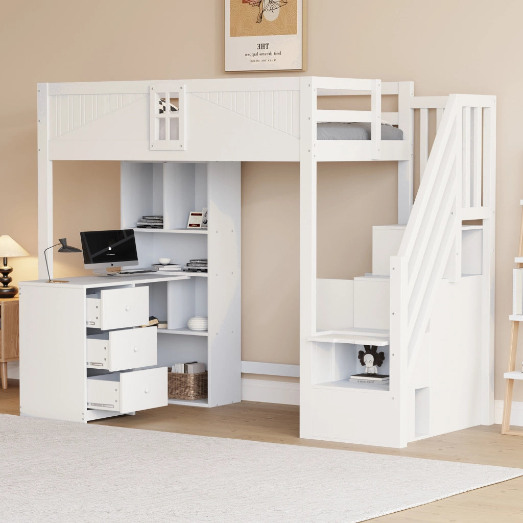 LETTO a soppalco 90x200 cm bianco con scrivania, cassetti e armadi