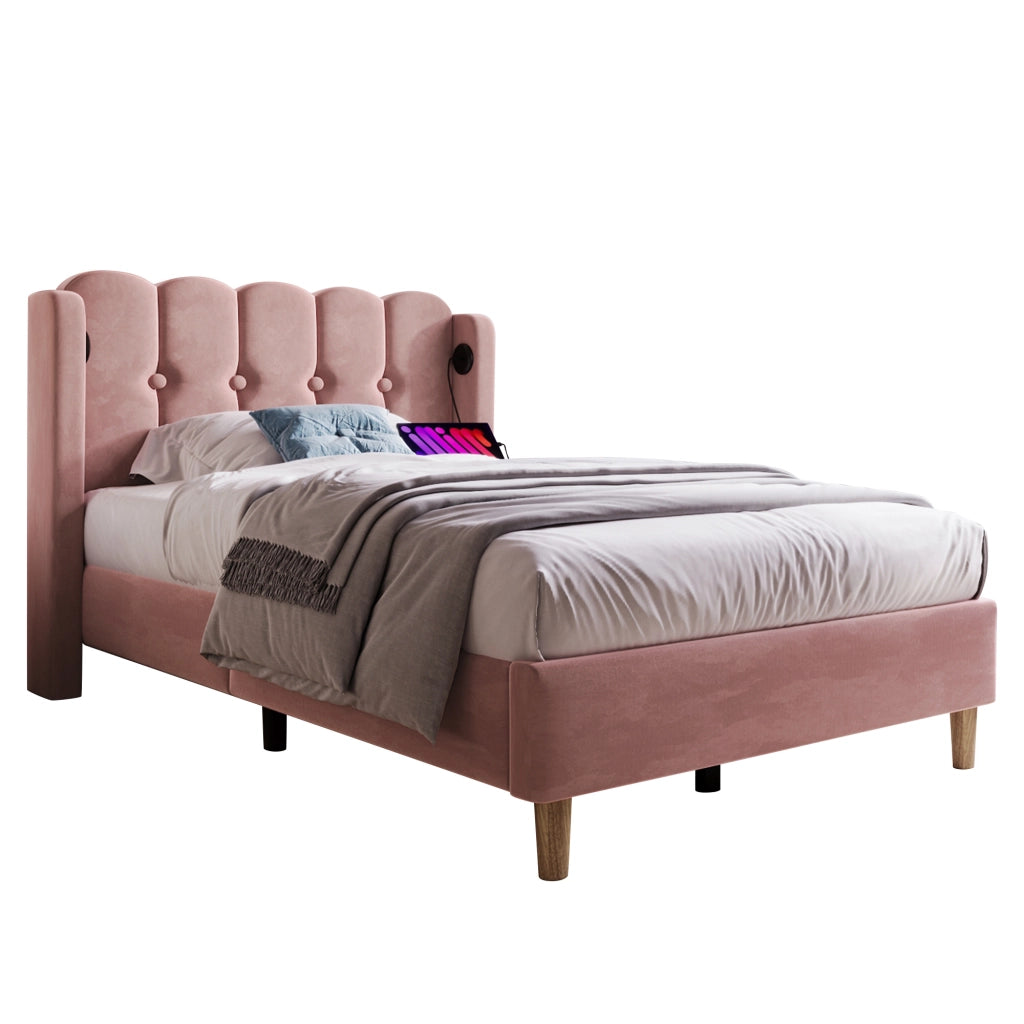 Letto singolo imbottito – 90x200 cm – USBC rete con materasso – velluto rosa