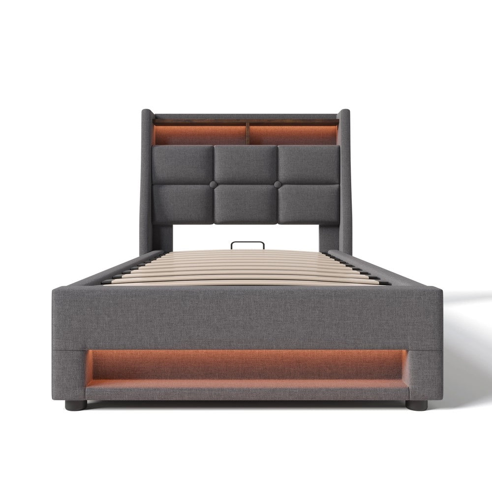 Letto Singolo Imbottito con LED e Rete a Doghe ¨C MINIMAL ¨C Tessuto Lino, 90x200