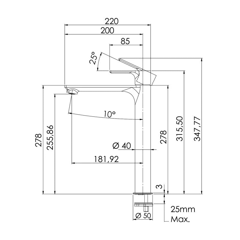 Miscelatore monocomando alto per lavabo senza scarico serie Energy