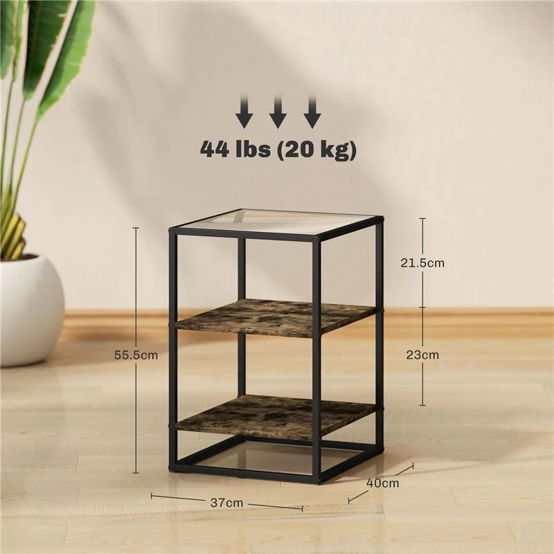 SET 2 TAVOLINI DA SOGGIORNO A 3 LIVELLI IN LEGNO E METALLO CON PIANO IN VETRO TEMPERATO 37X40X55.5 CM MARRONE