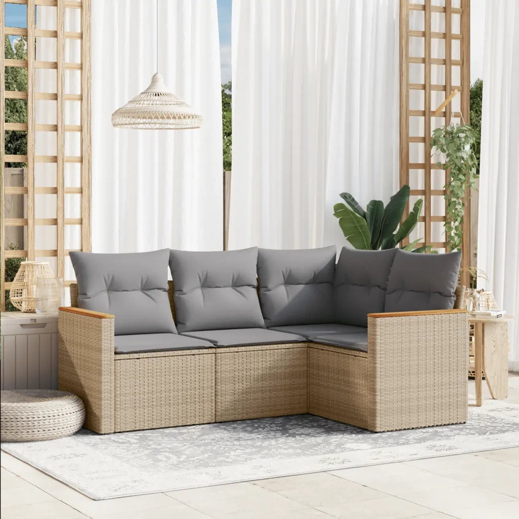 Set Divano da Giardino 4 pz | Set Salotto da Giardino con Cuscini Beige Misto Polyrattan