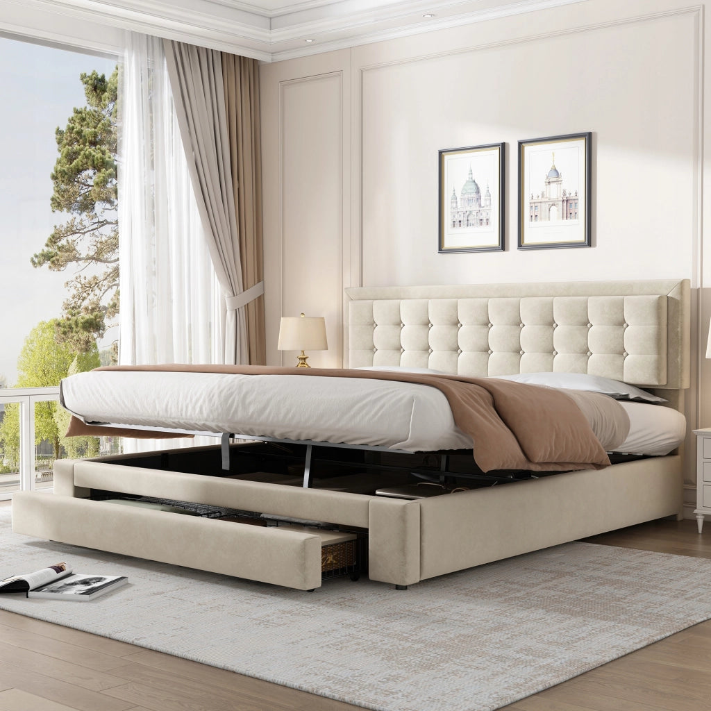 Letto imbottito con cassetti - Xylo - 160x200 - Beige