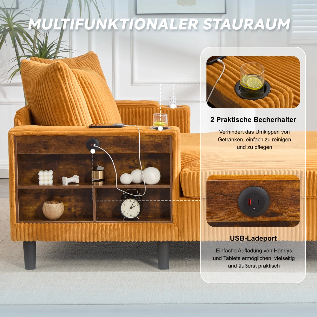 Chaise longue con vano; USB; LED; portabicchieri e tasca; in velluto a coste giallo senape