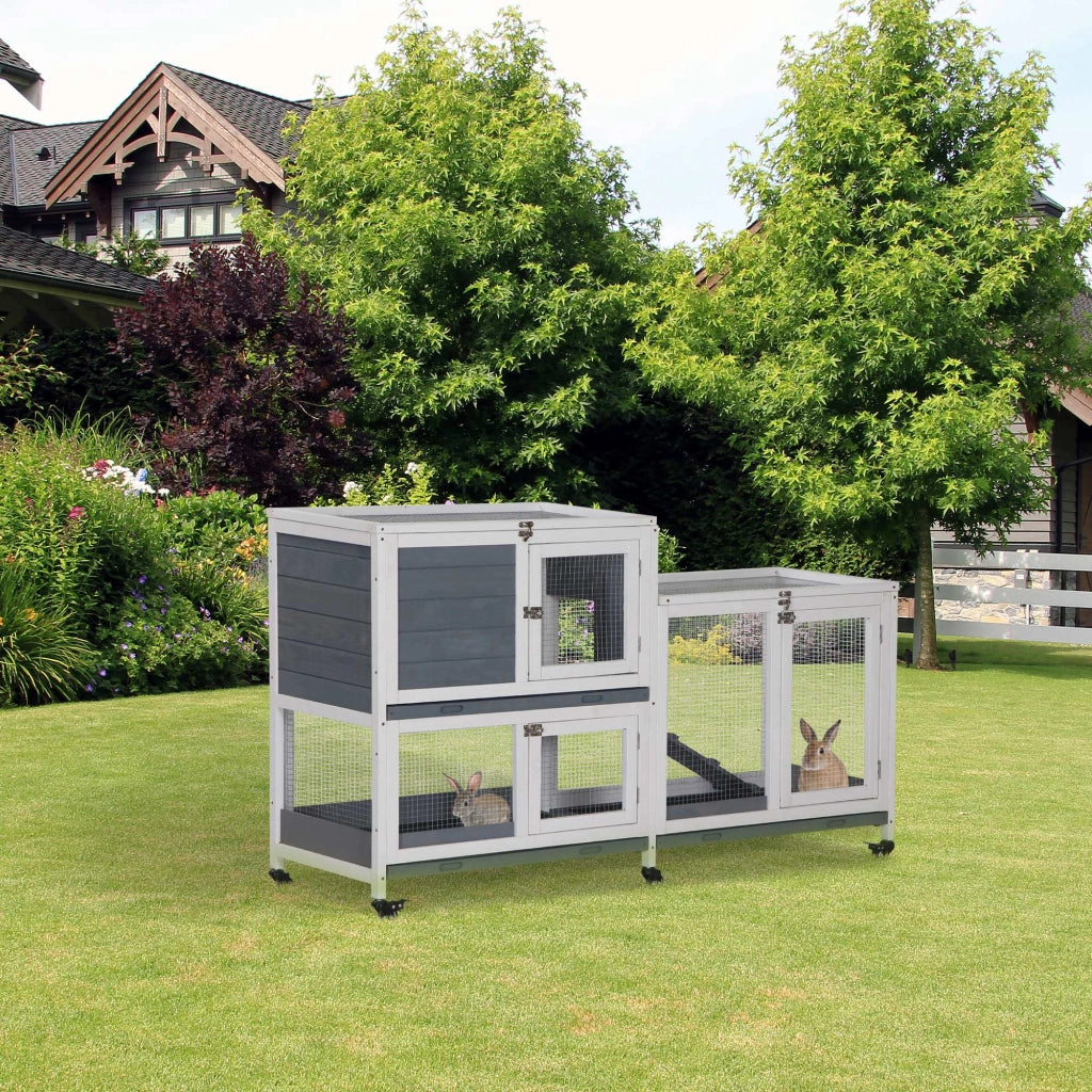 Gabbia per Conigli a 2 Livelli in Legno con Ruote ¨C Minimal ¨C 147x45,5x88,5 cm Grigio