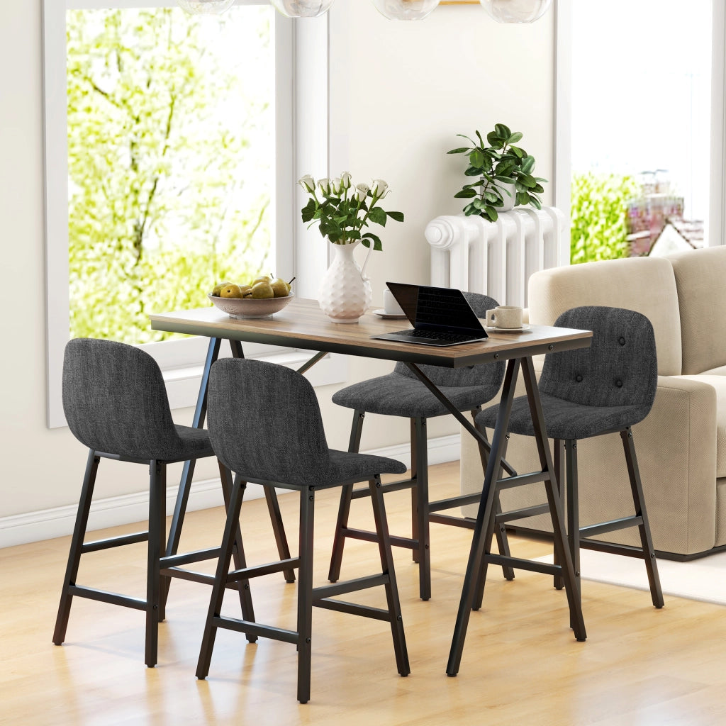Set tavolo da pranzo e 4 sedie ¨C Minimal ¨C telaio metallo, tessuto grigio scuro, piano legno