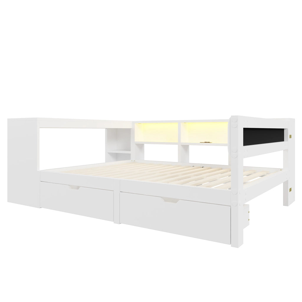 Letto legno 140x200 ripiani cassetti ricarica LED bianco