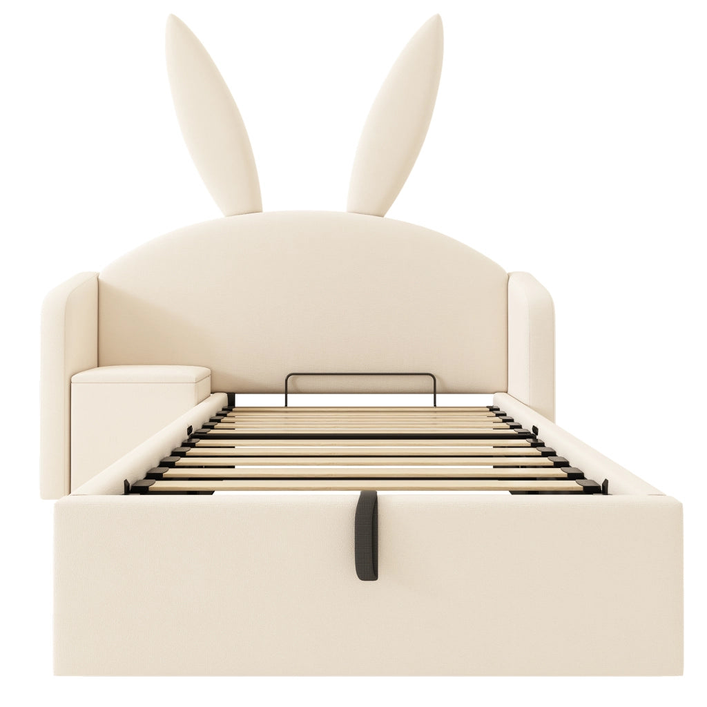Letto Imbottito Singolo con Contenitore Idraulico e Comodino ¨C MINIMAL ¨C Velluto Beige 90x200