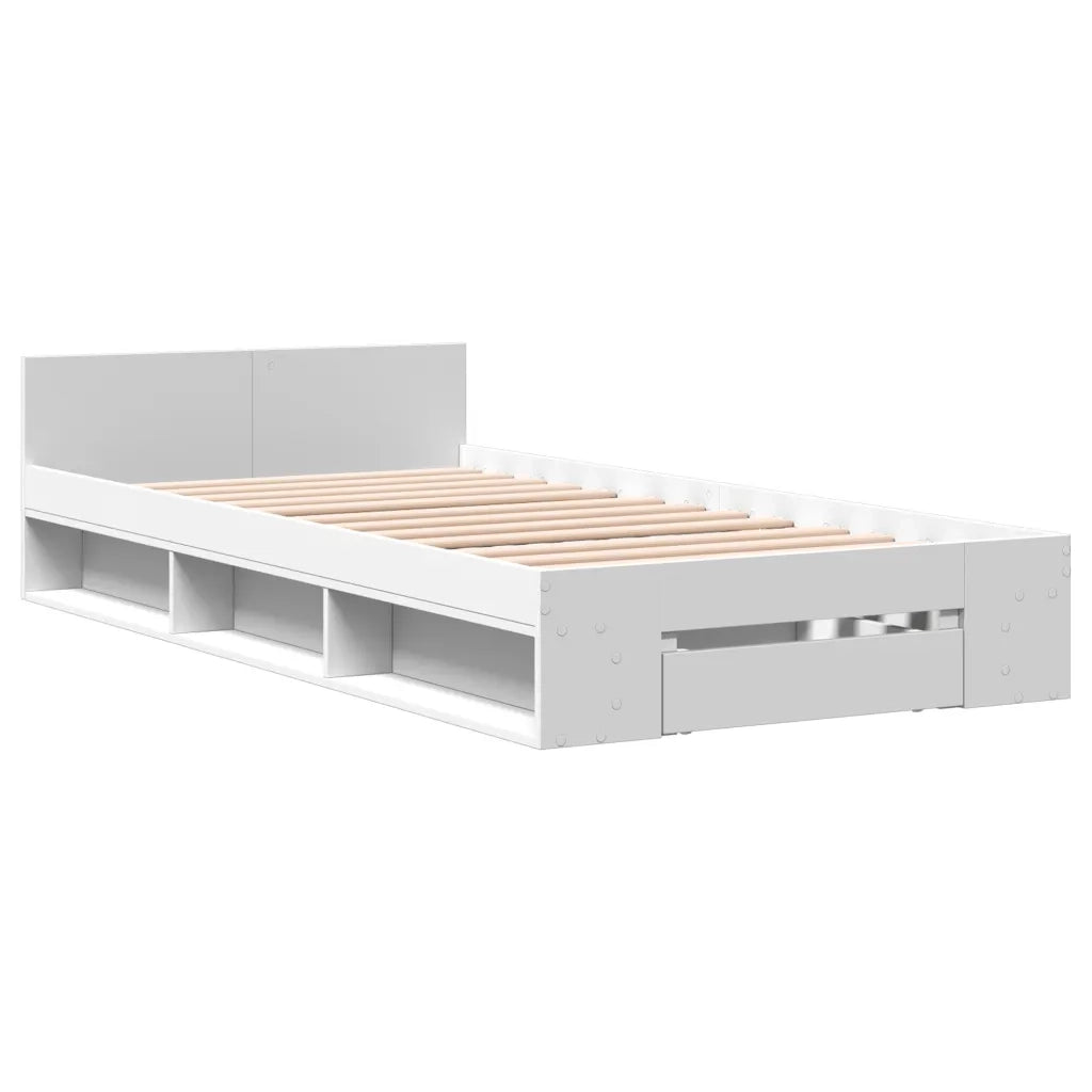 Letto singolo | Letto per adulti | Giroletto con Cassetto Bianco 90x200 cm in Legno Multistrato