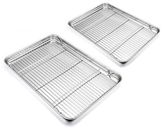 Set di 4 Piatti da Forno in Acciaio Inossidabile - Tavola di Cottura con Raccordo per Congelatore - Griglia per Torte e Grill - Salute e Sostenibilità - Resistenti al Lavastoviglie - Piatti da Forno