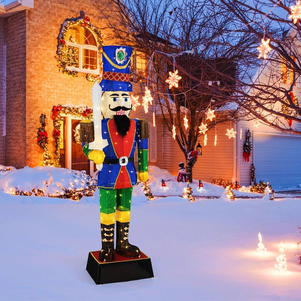 Soldato di Natale Illuminato 184 cm, Soldatino Schiaccianoci Illuminato con 110 Luci LED, Fascette e Base, Decorazioni Natalizie per Interno ed Esterno (2 Pezzi)