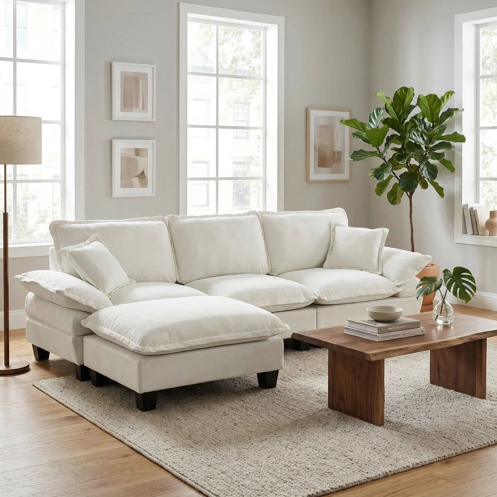 Divano Angolare Modulare con Ottomane ¨C Xylo ¨C Chaise Longue, Tessuto Chenille, Cuscini, Beige