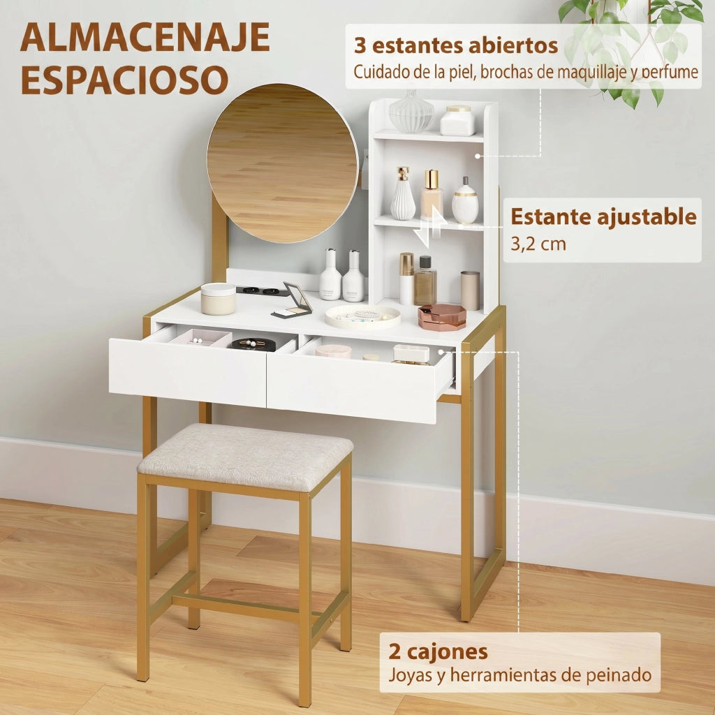 Cassettiera con Specchio e Sgabello ¨C Xylo ¨C Bianca con 2 Cassetti e 3 Ripiani