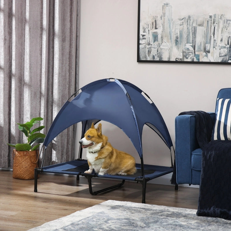 Letto per cani rialzato con baldacchino in acciaio blu scuro per esterni con rete traspirante