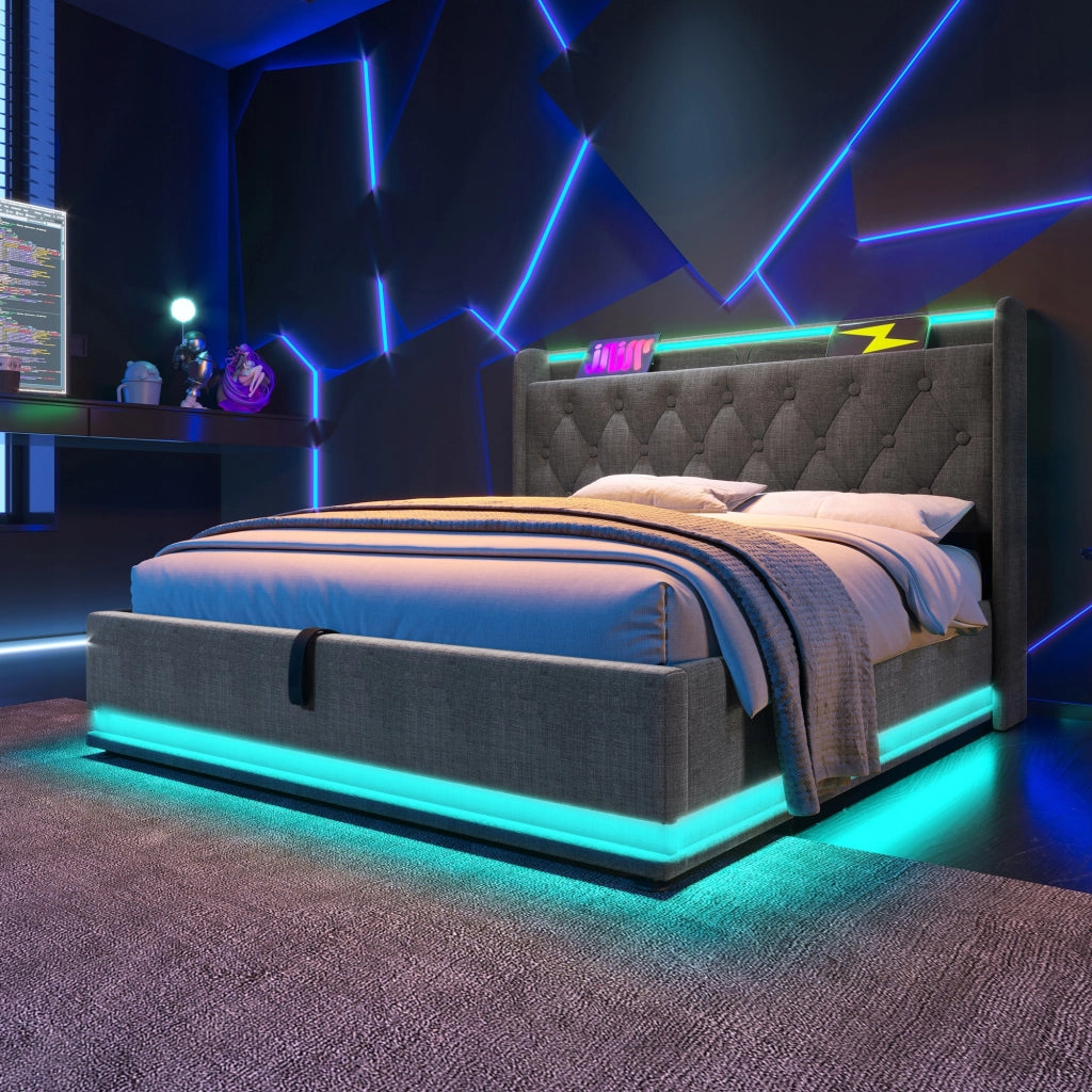 Letto imbottito 140x200 - Xylo - Grigio, idraulico, LED, USB-C