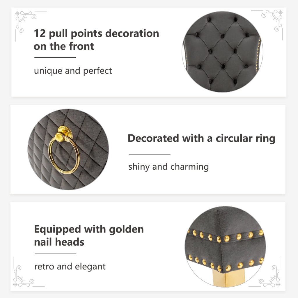 6 Sedie da Pranzo con Anello Rotondo sullo Schienale; Borchie Decorative e Piedini Regolabili; Velluto; Grigio