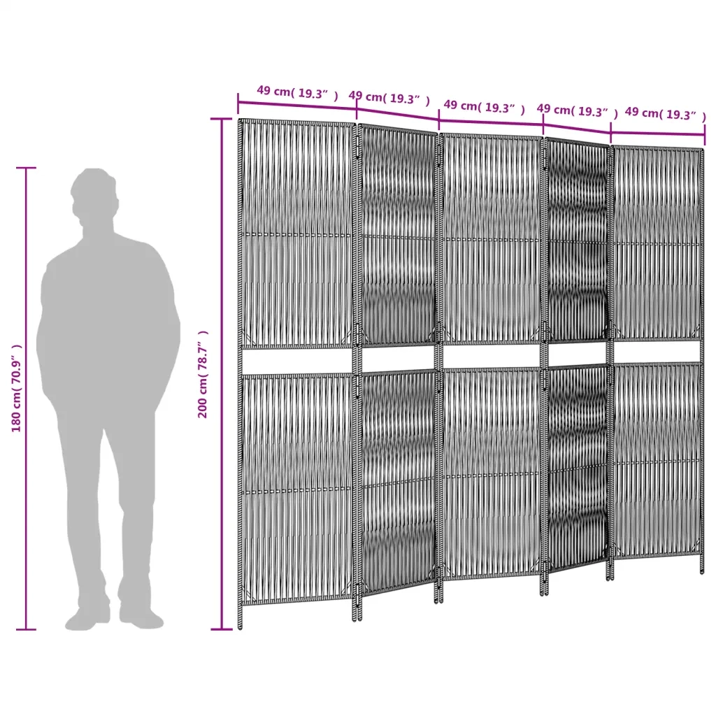 Divisorio per Ambienti | Divider per stanze | Paravento a 5 Pannelli Grigio in Polyrattan