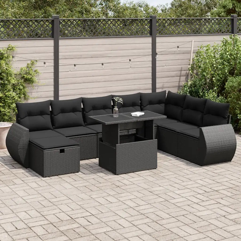 Set Divani da Giardino 9 pz con Cuscini Nero in Polyrattan 3327915