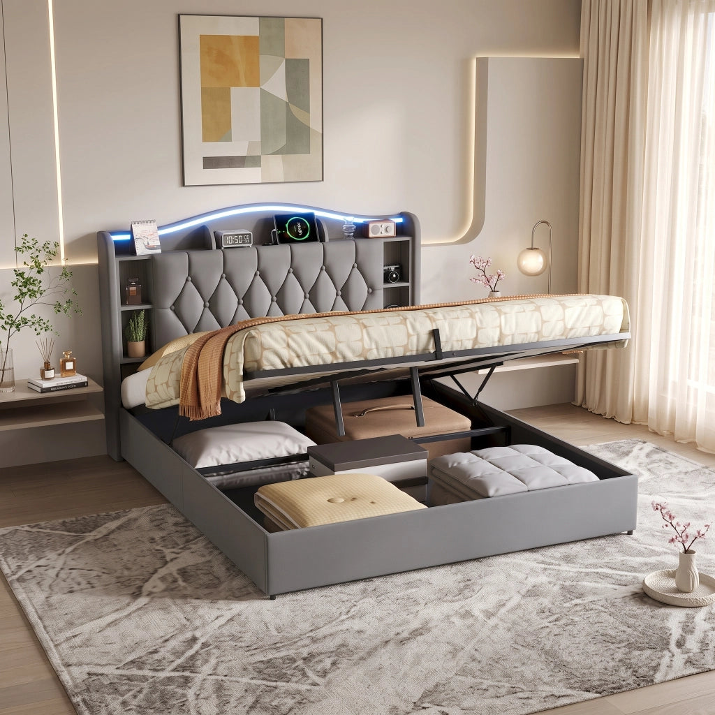 Letto matrimoniale con contenitore 160x200 cm imbottito con testiera portaoggetti LED USB Type-C alzata idraulica velluto grigio