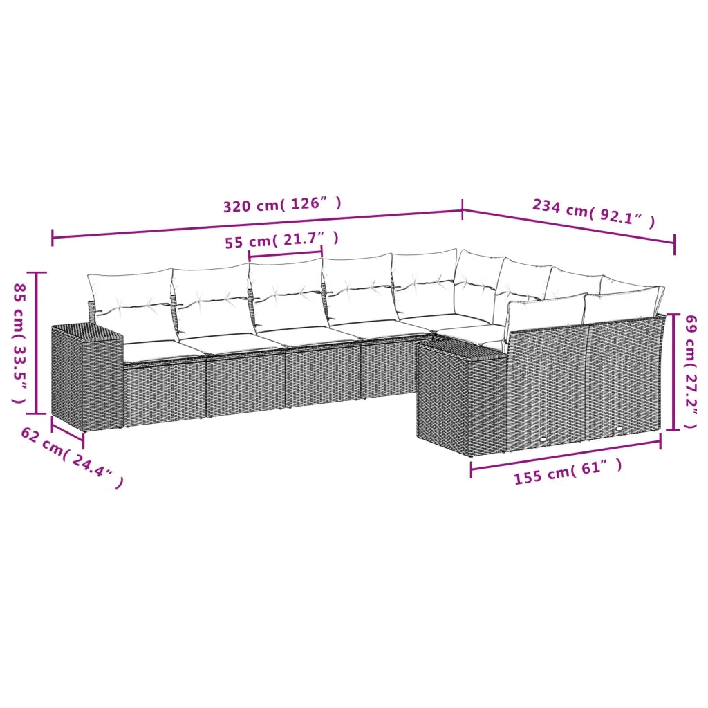 Set Divani da Giardino 9 pz con Cuscini Nero in Polyrattan
