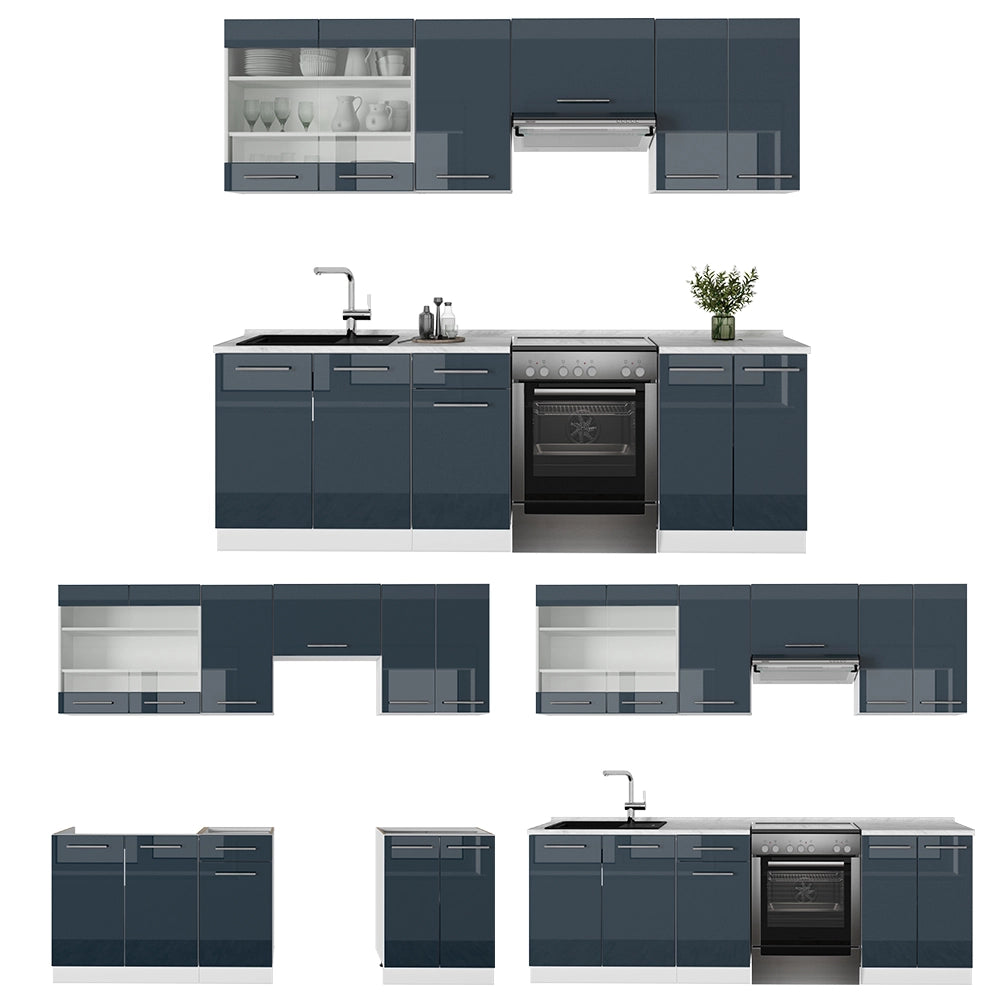 Cucina componibile Fame-Line Blu scuro lucido/Bianco 240 cm, PL Antracite Vicco