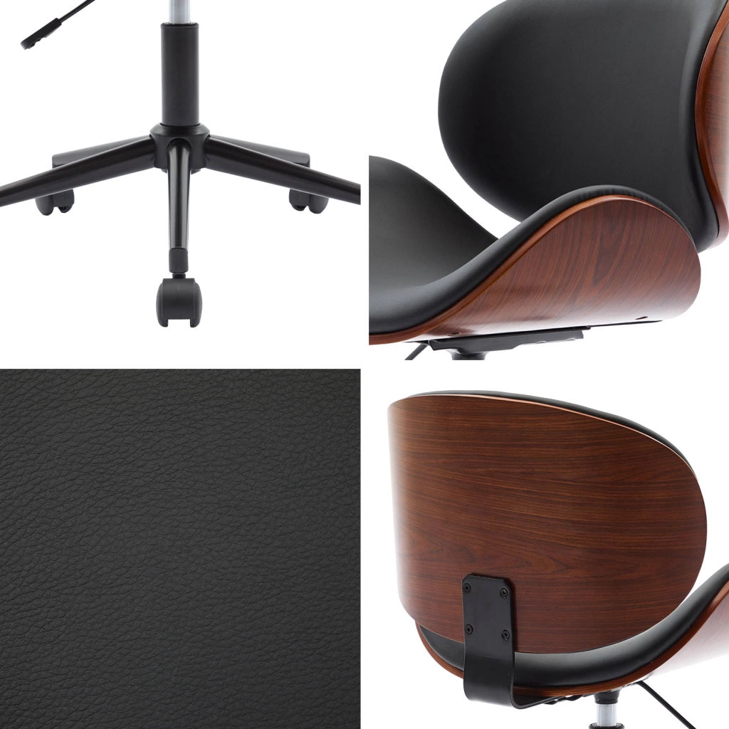 Sedia da ufficio con rotelle, effetto legno curvato e similpelle, nero