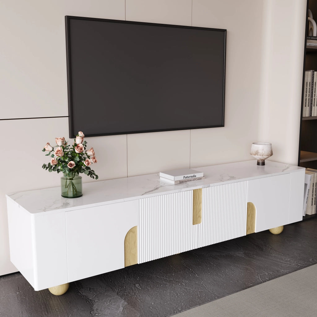 Cassettiera per TV bianca e legno; MDF e truciolare; lunghezza 180 cm