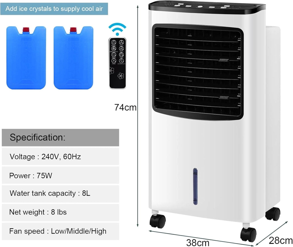 Ventilatore Senza Tubo 75W, 3 in 1 Air Cooler & Ventilatore & Umidificatore con Telecomando, 3 Velocità, Timer 7,5H, Serbatoio Acqua 8L, 38 X 28 X 74 CM, per Salone, Camera da Letto, Ufficio