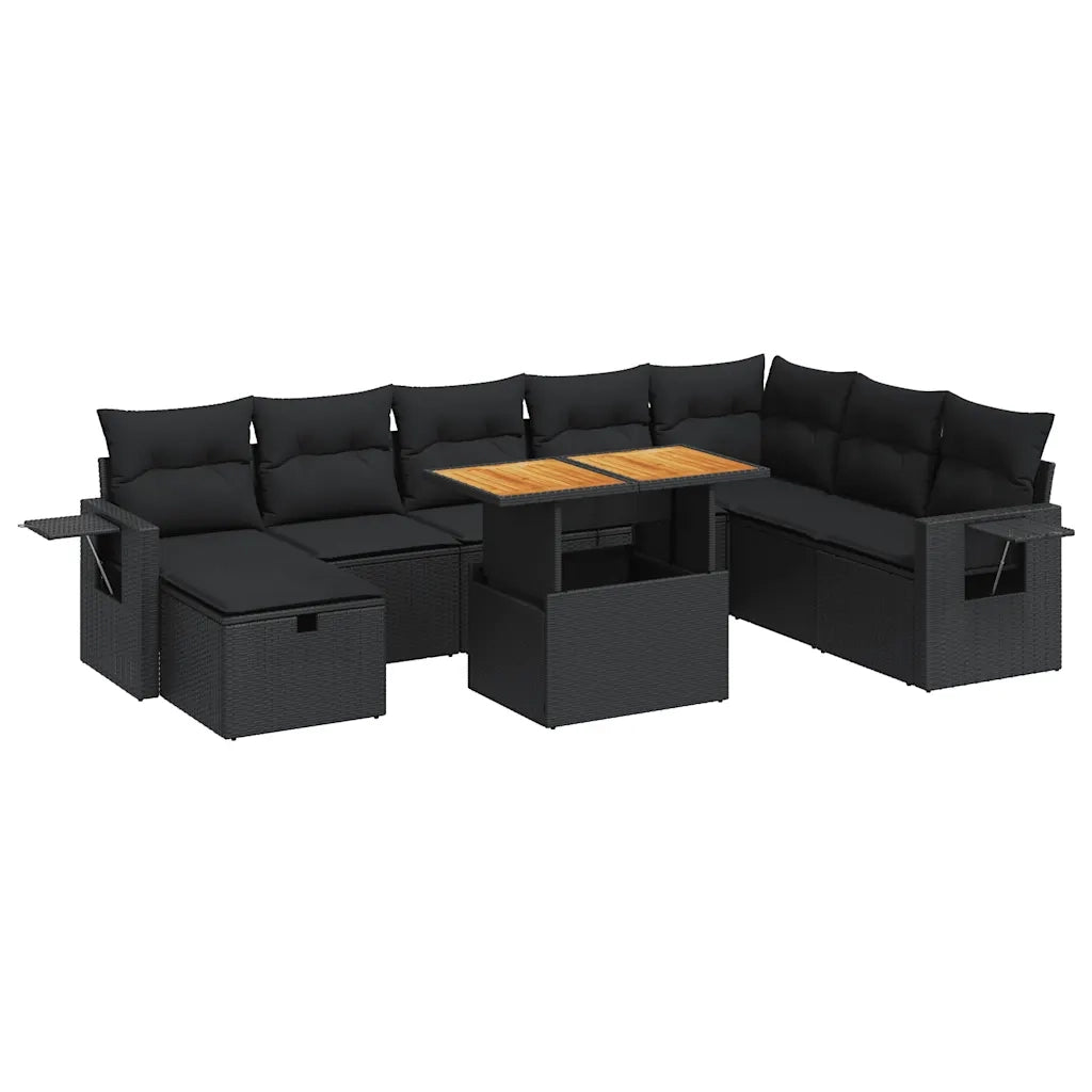 Set Divani da Giardino 9 pz con Cuscini Nero Polyrattan Acacia 3328042