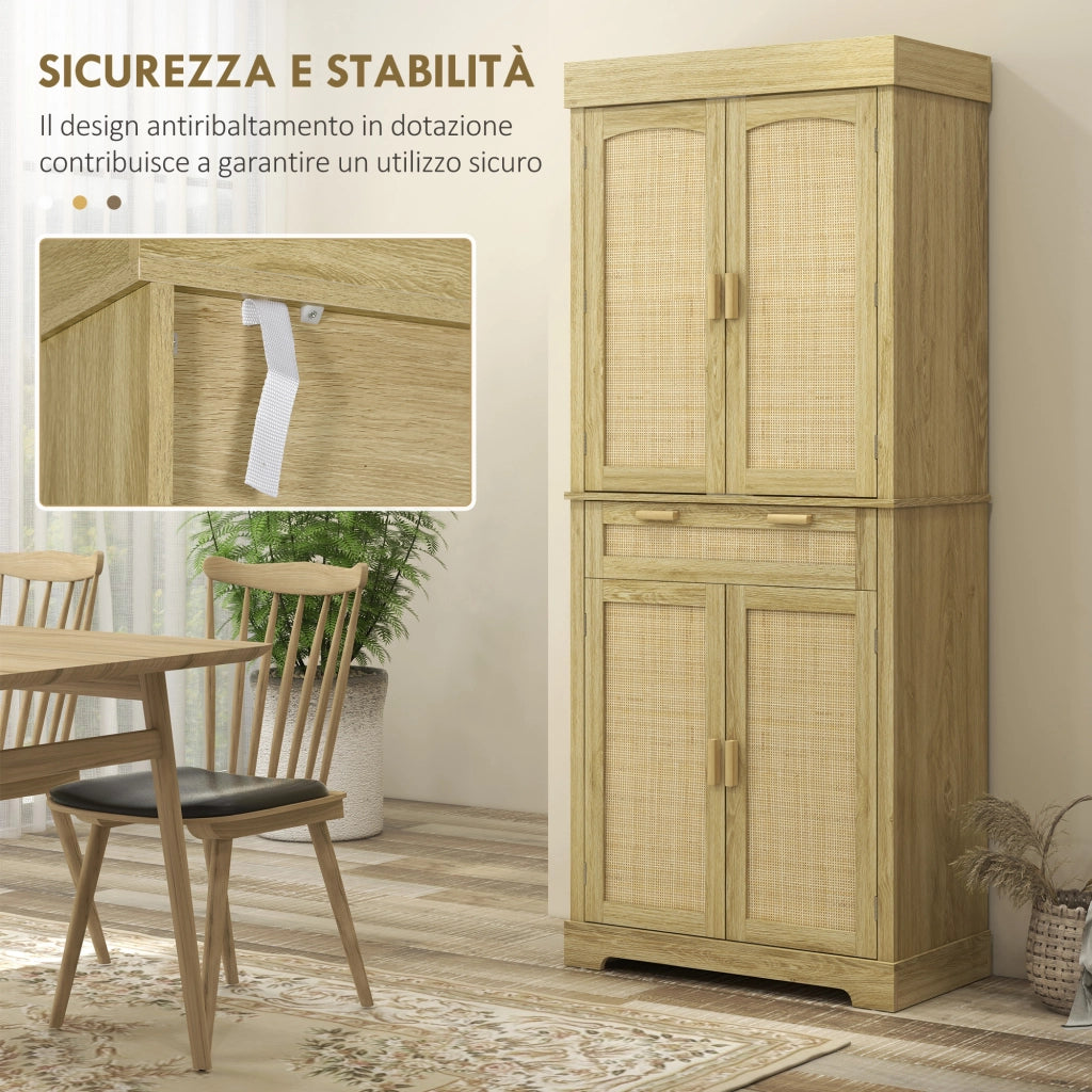 Credenza Cucina Boho 2 Ante Cassetto Portaspezie ¨C Xylo ¨C Legno Rattan Rovere 76x40x183cm