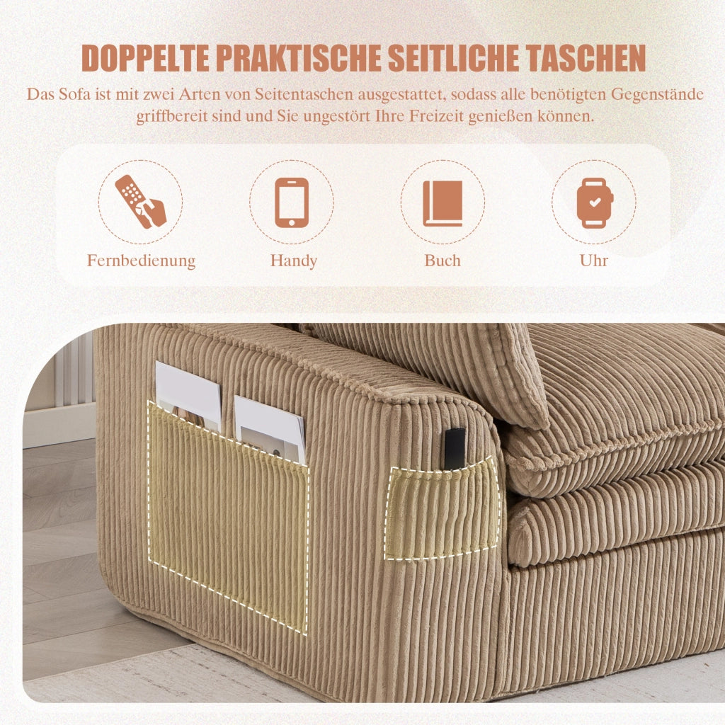 Divano a 2 posti modulare con tasche laterali e cuscini, schiuma a 3 strati e molle, in velluto a coste kaki
