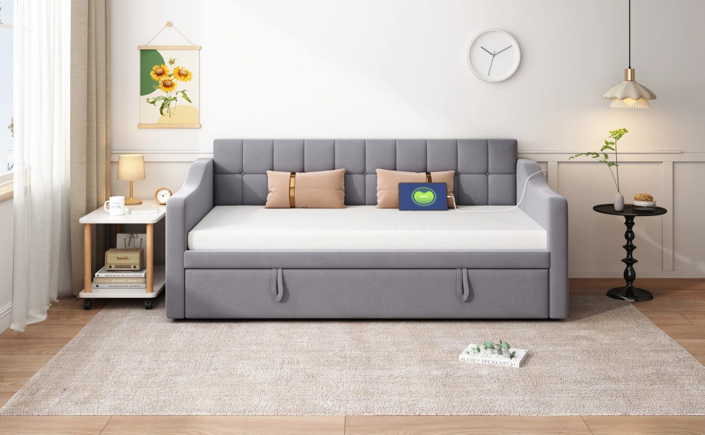 Letto divano 2 in 1 imbottito velluto grigio 90x190 cm