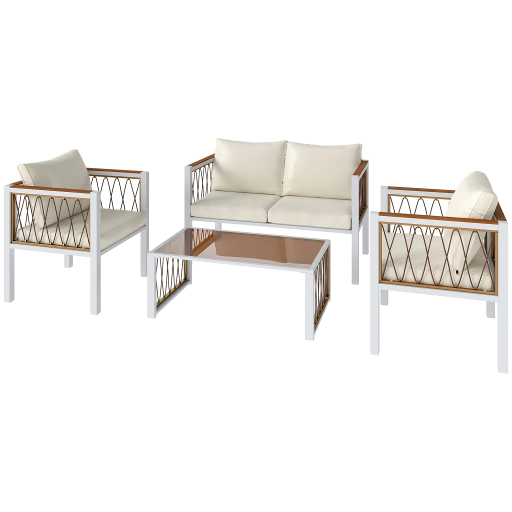 Set Lounge 4 Pezzi Polyrattan ¨C Minimal ¨C Grigio con Cuscini e Tavolino Vetro