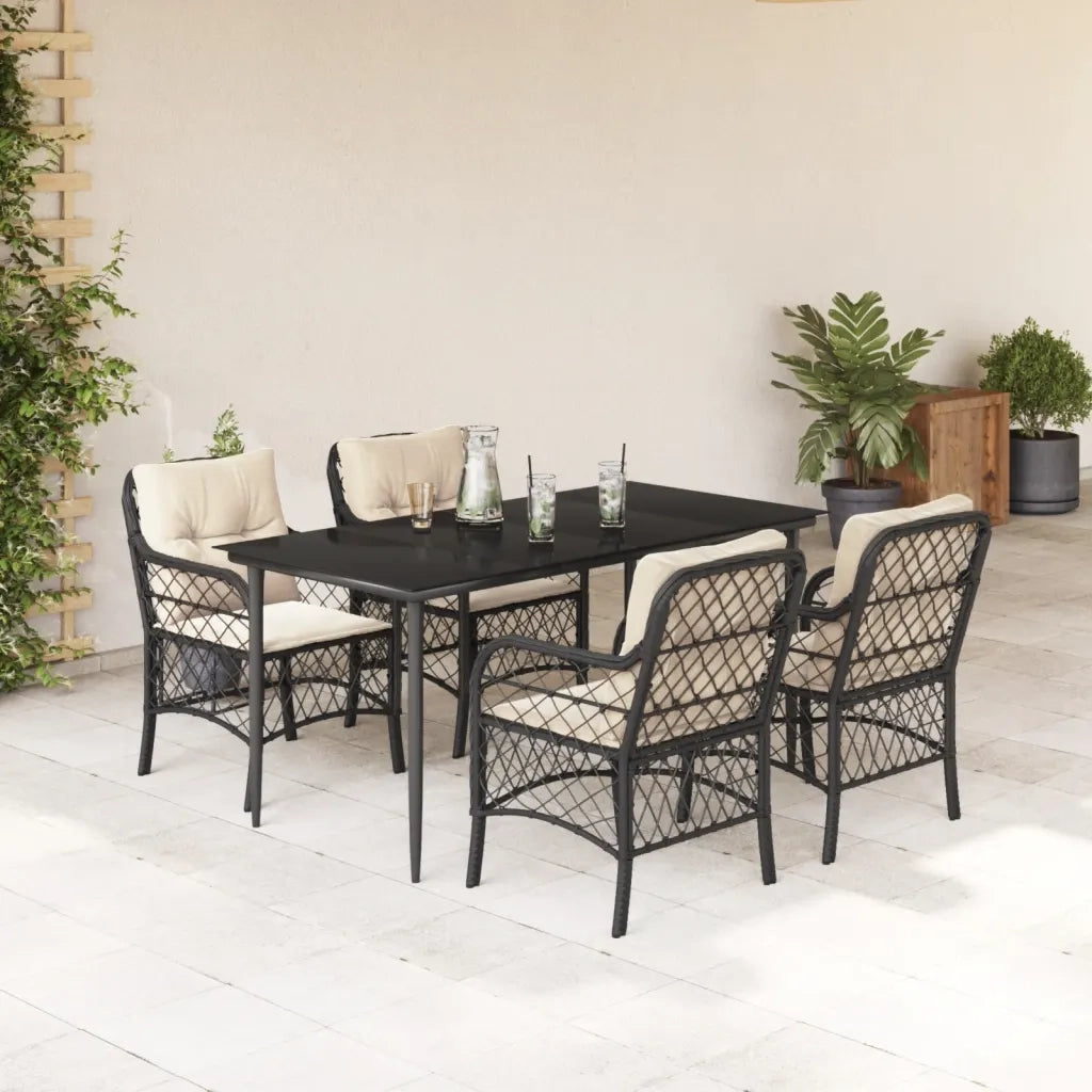 Set da Pranzo da Giardino 5 pz Nero con Cuscini in Polyrattan