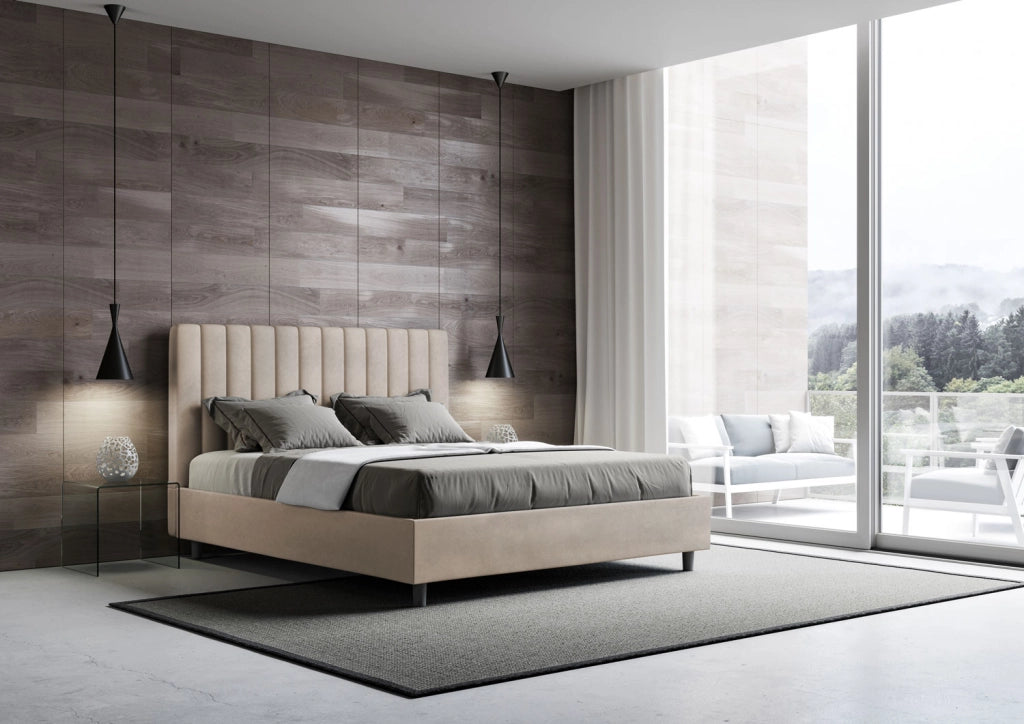 BS COM Letto una piazza e mezza con rete imbottito 130x190 microfibra sabbia