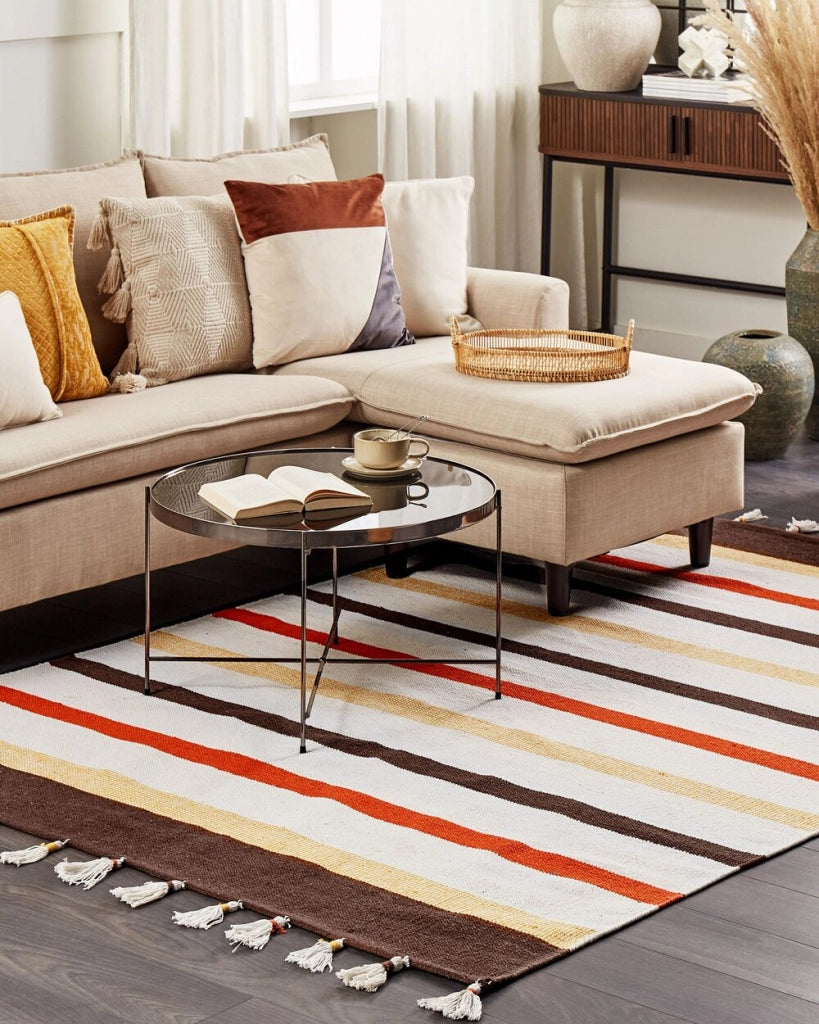 Tappeto marrone e beige strisce cotone 160 x 230 cm rettangolare tessuto a mano