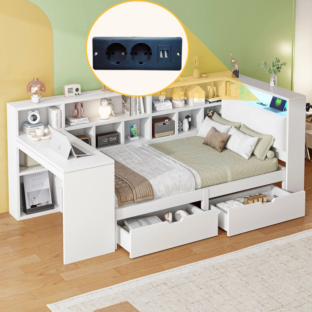 LETTO L-forma 90x200 cm Bianco con scrivania integrata e libreria