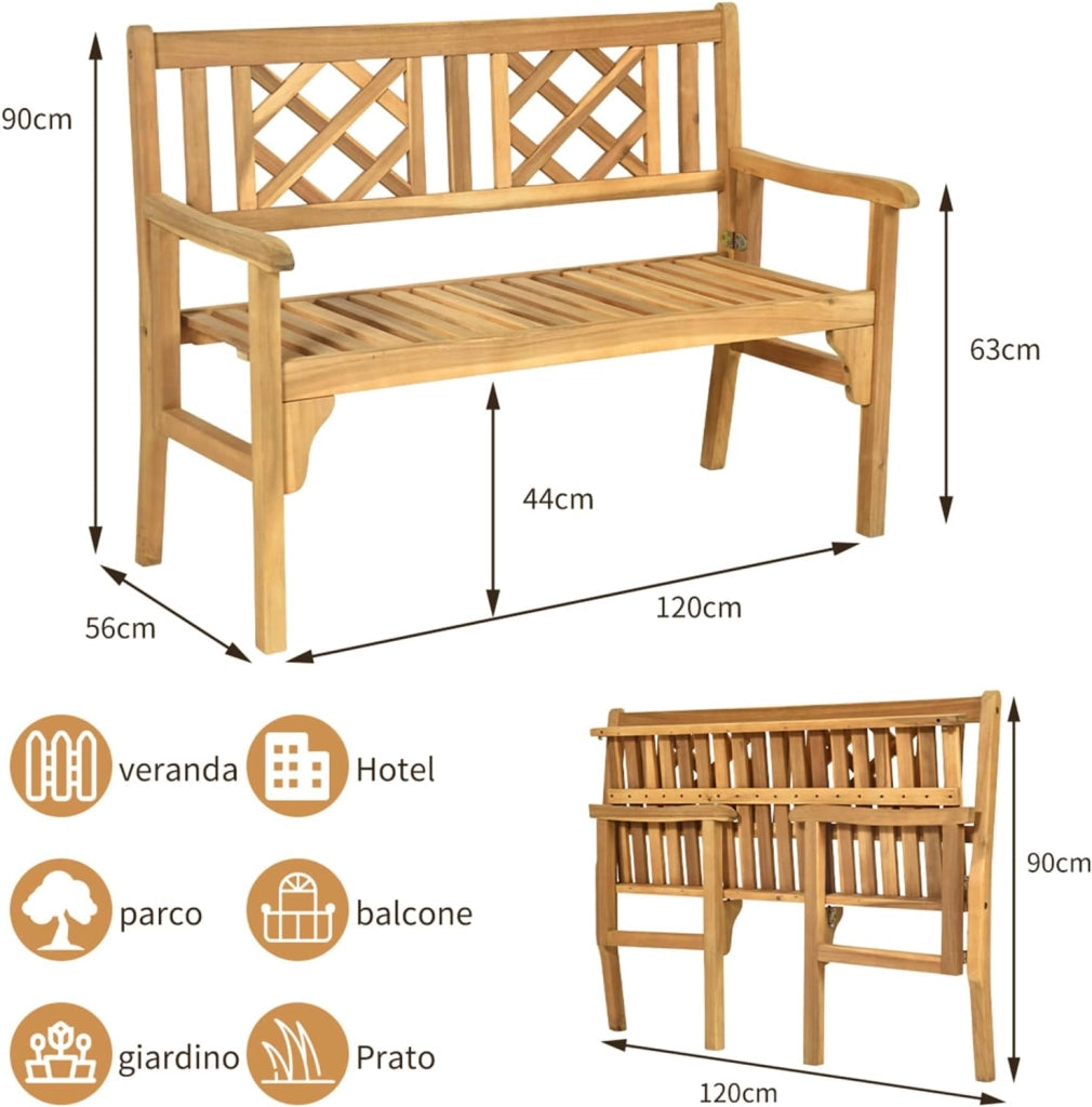 Panchina da Esterno Pieghevole, Panca da Esterno in Legno Massello con Schienale Curvo e Braccioli, Panchina per Giardino, Portico e Balcone, 120 x 56 x 90 cm