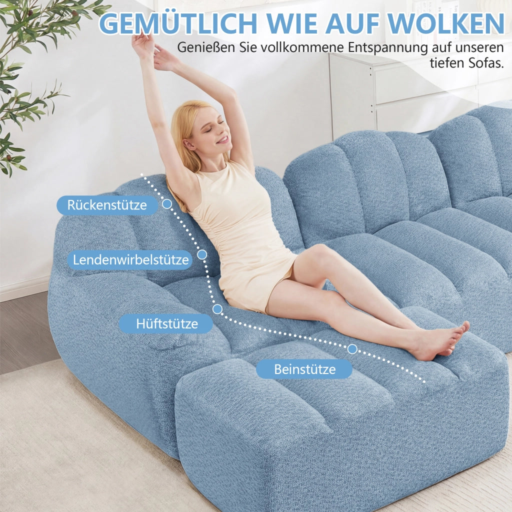 Divano modulare 2 posti con 2 pouf componibili e design ergonomico in tessuto blu