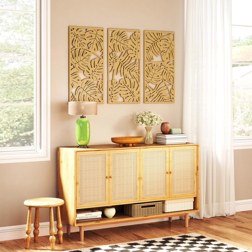 Decorazione Murale 3D Legno 3 Pezzi ¨C Xylo ¨C Foglie Tropicali Effetto Naturale 40x80 cm