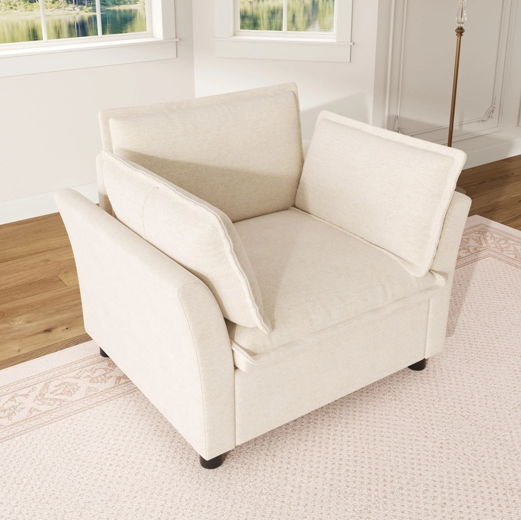 Poltrona singola 90x81x87 cm in chenille beige con braccioli curvi e 2 cuscini