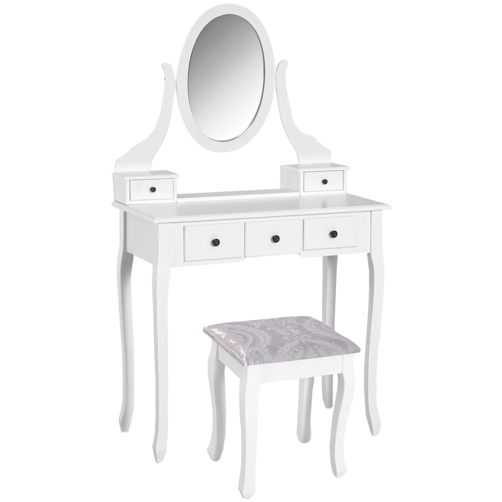 Cassettiera con Specchio e Sgabello ¨C Xylo ¨C 5 Cassetti Bianco MDF