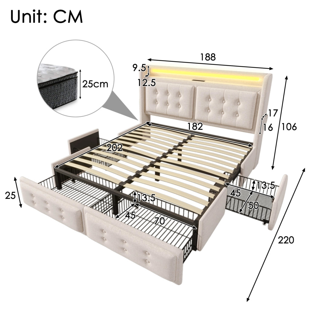Letto matrimoniale 180x200 cm con LED; USB C e 4 cassetti; tessuto beige